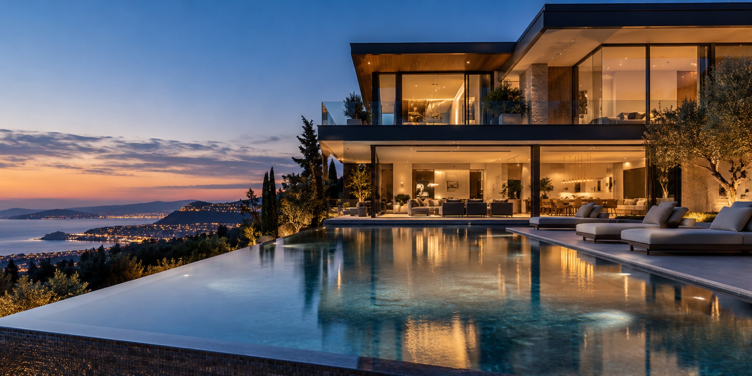 Fictional luxury residence at twilight